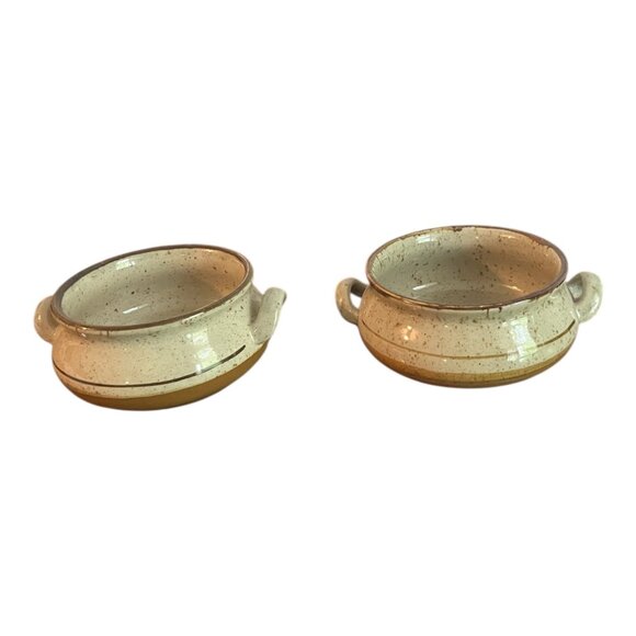 Vtg Stoneware Pottery Soup Bowls 4.5" Dia X 2.5" Tall Set Of 2 Speckled Handles - Picture 4 of 8